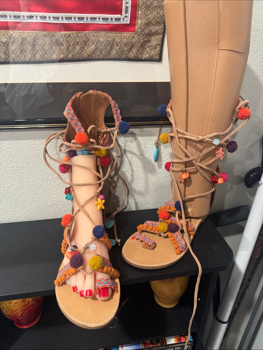 Boho Pom-Pom Lace-Up Sandals in Tan